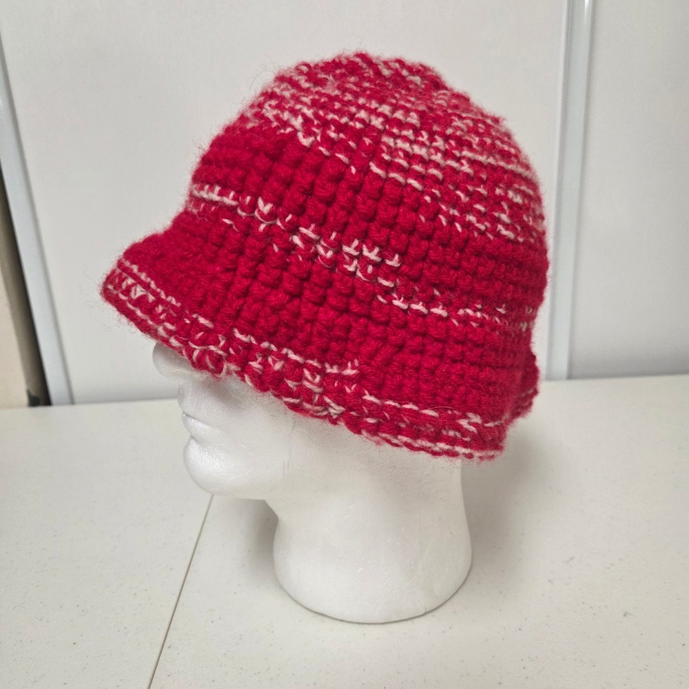 Handmade Red White Crochet Bucket Hat Striped Knit Winter Boho Retro Accessory